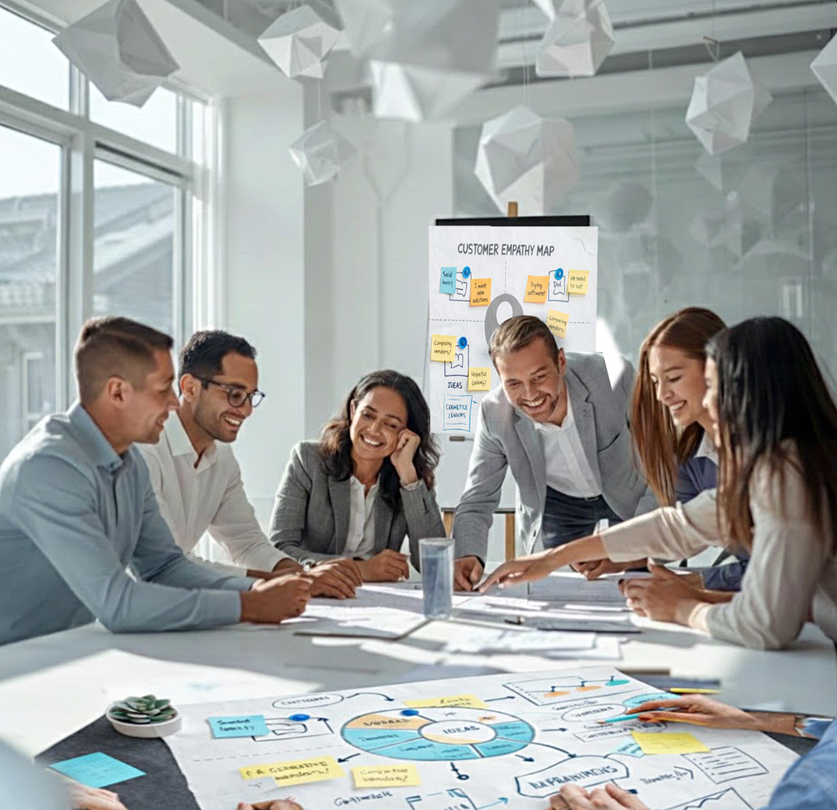 Diverse group around a table covered in sticky notes and markers in a modern office