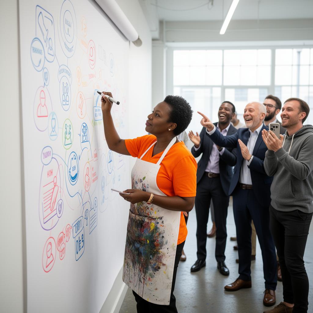 Visual facilitator drawing large colorful icons on a floor-to-ceiling whiteboard while a diverse group reacts